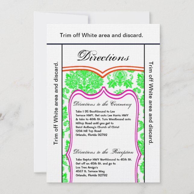 3.5x6 Directions Card Neon Green Pink Orang Damask (Front)
