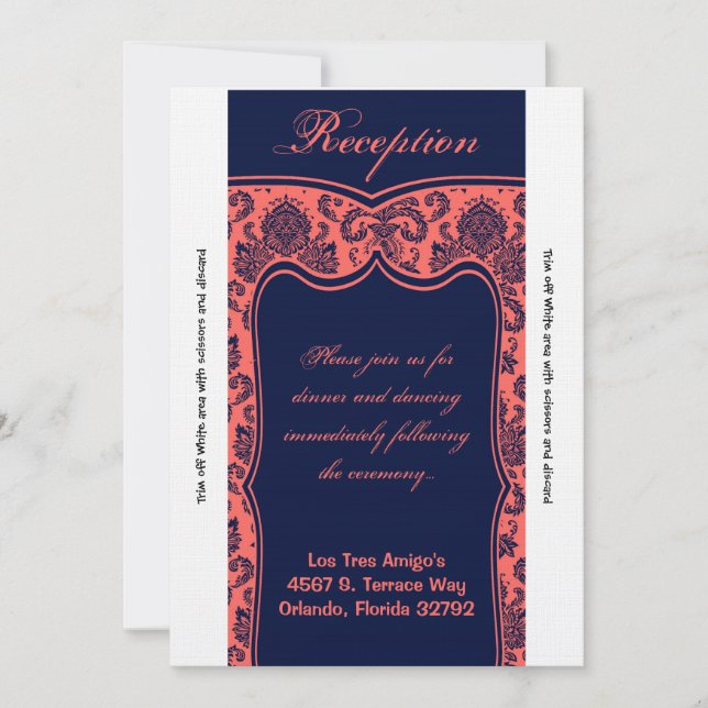 3.5x7 Reception Card Navy Blue Coral Damask (Front)