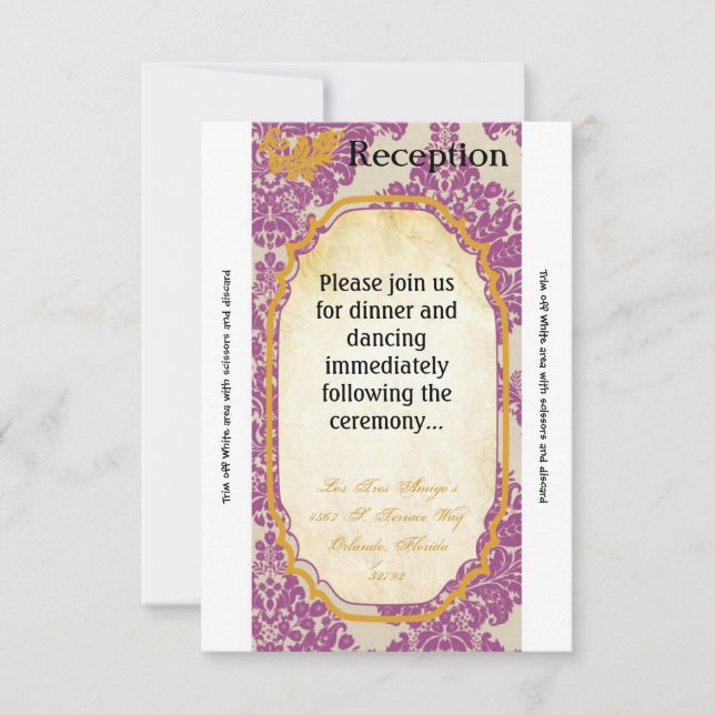 3.5x7 Reception Card Purple Gold Damask Lace Print (Front)
