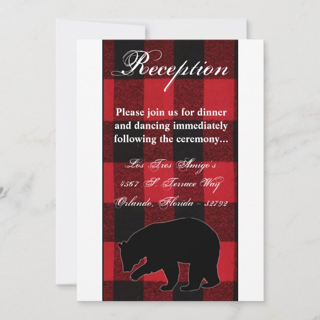 3.5x7 Reception Card Red Buffalo Plaid Bear Black (Front)