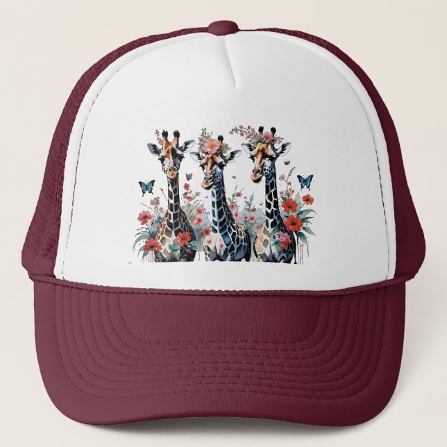 3 Adorable Giraffes with Flowers Trucker Hat (Front)