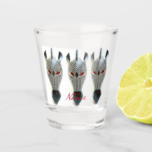 3 African carved wood Zebra masks Shot Glass (Front)