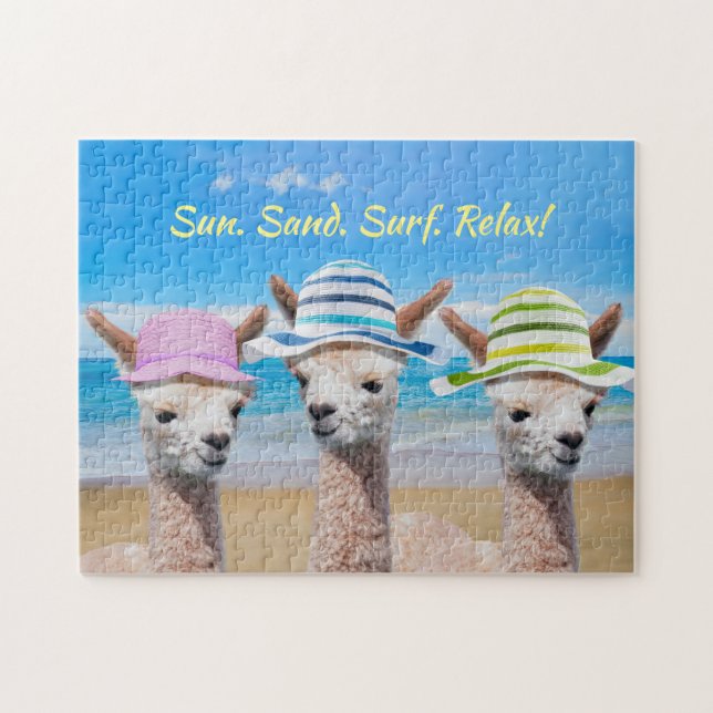 3 Alpacas On Beach In Sun Hats, DIY Message Jigsaw Puzzle (Horizontal)