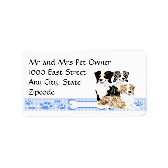 3 Australian Shepherds on Blue Gingham Address Label