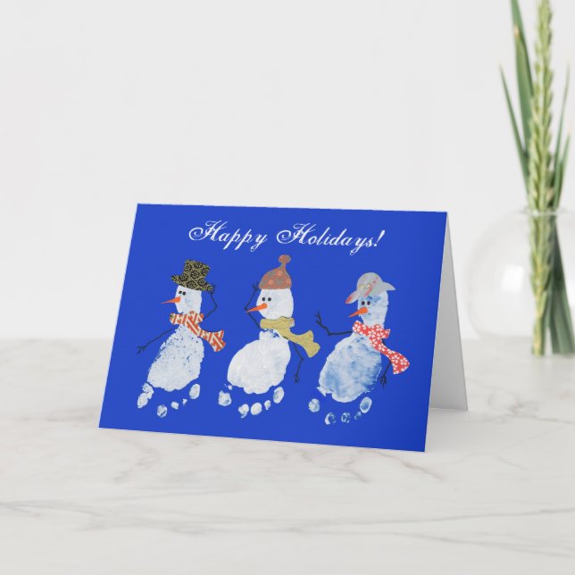 3 Baby Footprint Snowmen - Happy Holidays! Holiday Card (Front)