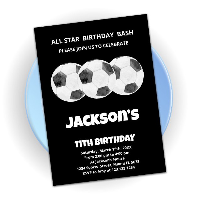 3 Balls Black Soccer Birthday Invitations (Creator Uploaded)