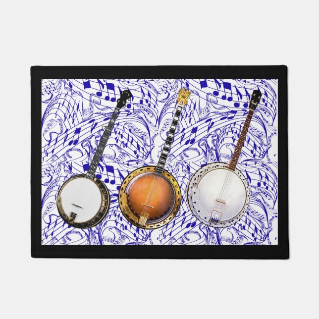 3 BANJOS ON BLUE MUSIC NOTES--- DOORMAT (Front)