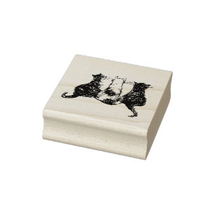 3 Black and White Cat illustration Rubber Stamp