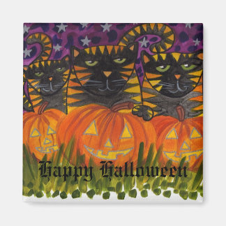 3 black cats & their pumpkins Happy Halloween ! Magnet