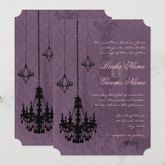 3 Black Chandeliers Eggplant Damask Wedding Invitation (Front/Back)