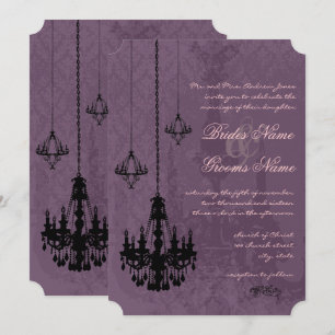 3 Black Chandeliers Eggplant Damask Wedding Invitation