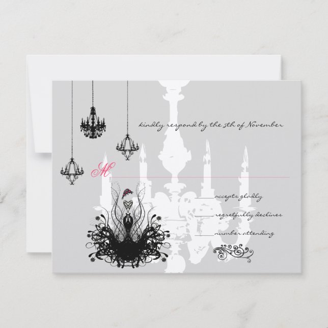 3 Black Chandeliers Fashion Diva Wedding RSVP Card (Front)