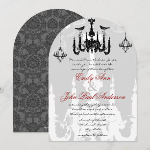 3 Black Chandeliers Love Birds Wedding Invitation