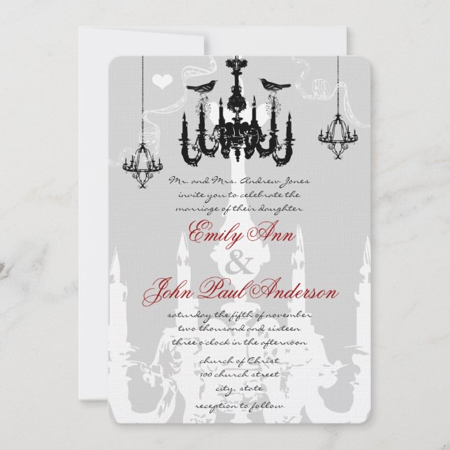 3 Black Chandeliers Love Birds Wedding Invitation (Front)