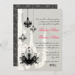 3 Black Chandeliers Pink Accent Wedding Invitation