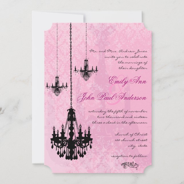 3 Black Chandeliers Pink Damask Wedding Invitation (Front)