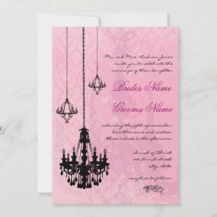 3 Black Chandeliers Pink Damask Wedding Invitation
