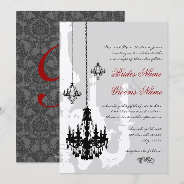 3 Black Chandeliers Red Accents Wedding Invitation (Front/Back)