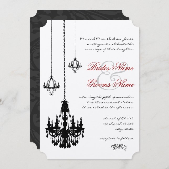3 Black Chandeliers Red Accents Wedding Invitation (Front/Back)