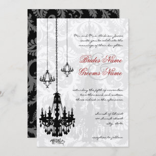 3 Black Chandeliers Shadow Damask Wedding I Invitation
