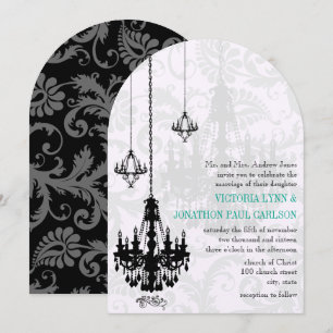 3 Black Chandeliers Shadow Damask Wedding Invitation