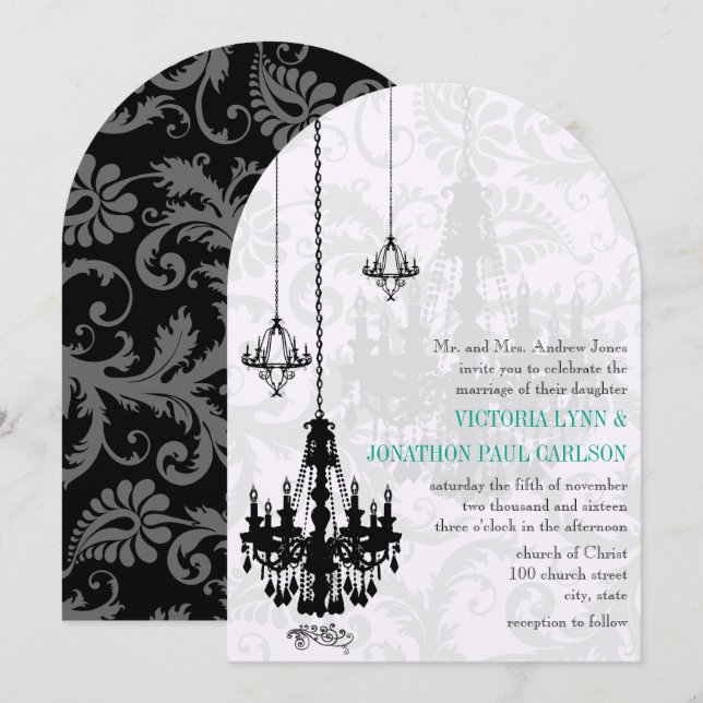 3 Black Chandeliers Shadow Damask Wedding  Invitation (Front/Back)