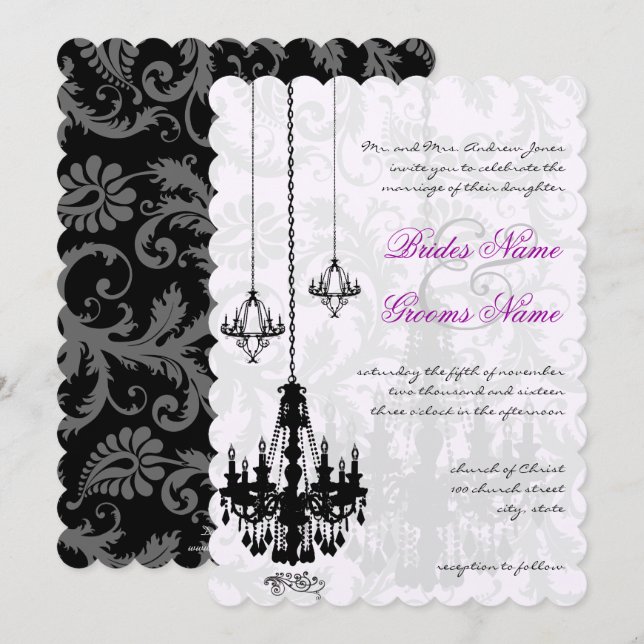 3 Black Chandeliers Shadow Damask Wedding  Invitation (Front/Back)