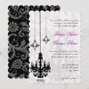 3 Black Chandeliers Shadow Damask Wedding Invitation