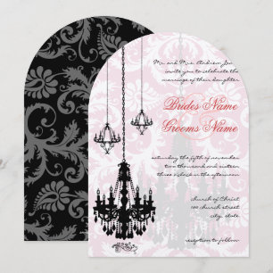 3 Black Chandeliers Shadow Pink Damask Wedding Invitation