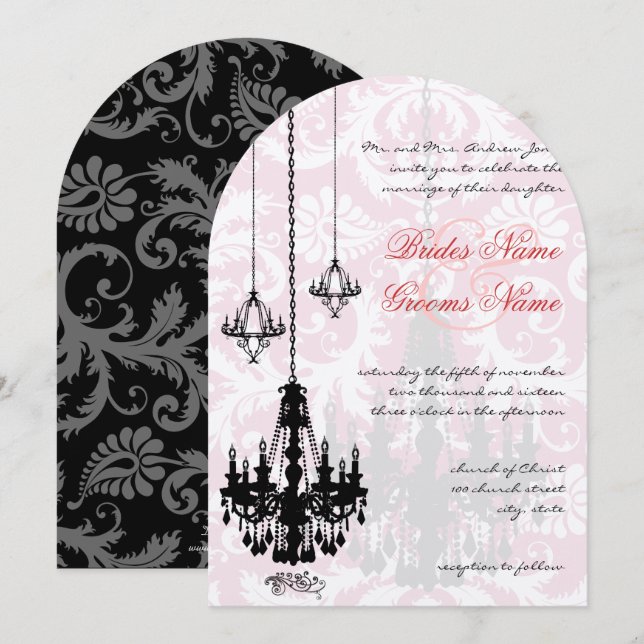 3 Black Chandeliers Shadow Pink Damask Wedding Invitation (Front/Back)