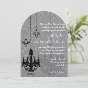 3 Black Chandeliers Shadow Silver Metallic Damask Invitation