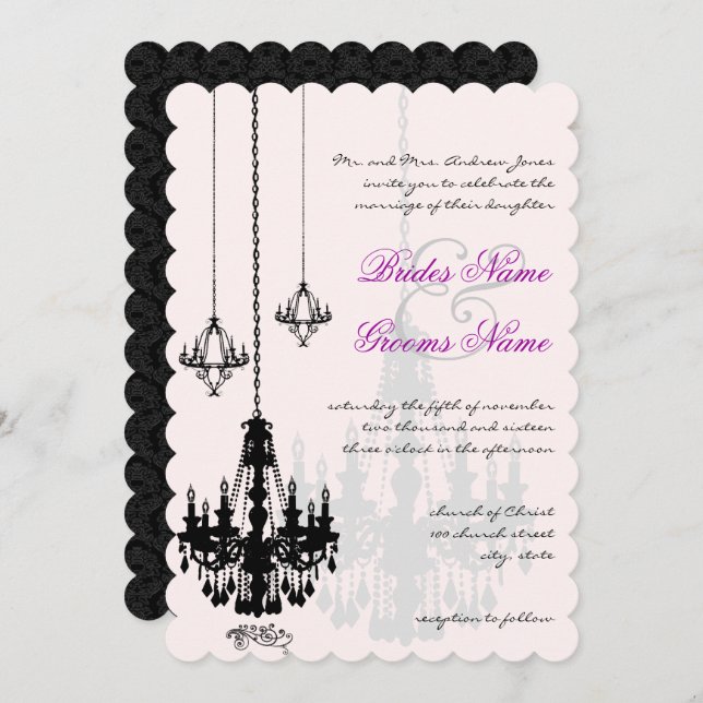 3 Black Chandeliers Shadows Wedding Invitations (Front/Back)