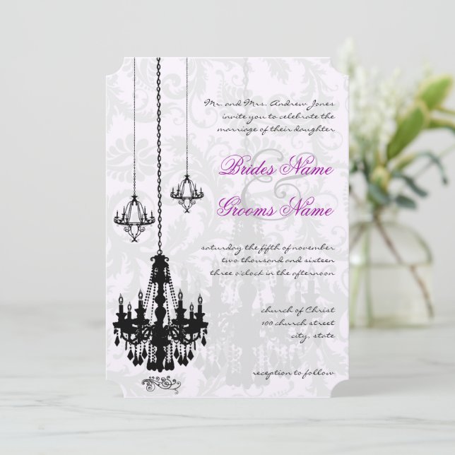 3 Black Chandeliers Victorian Damask Wedding  Invitation (Standing Front)