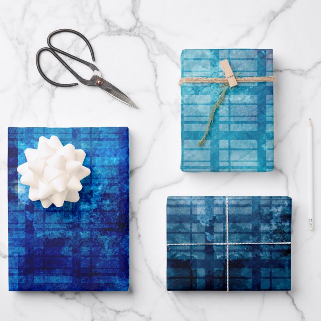 3 Blue Plaid Men's Special Occasion Gift Wrapping Paper Sheet (Front)