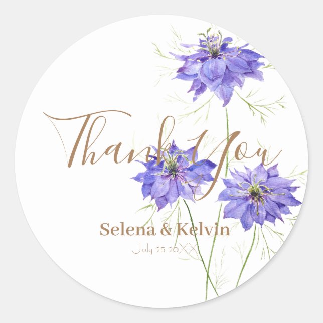 3 blue purple nigella flowers round sticker  (Front)