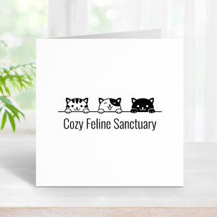 3 Cartoon Cats Peeking above Custom Text Rubber Stamp
