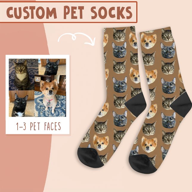 3 Cat And Dog Face Personalised on Brown Socks (Creator Uploaded)