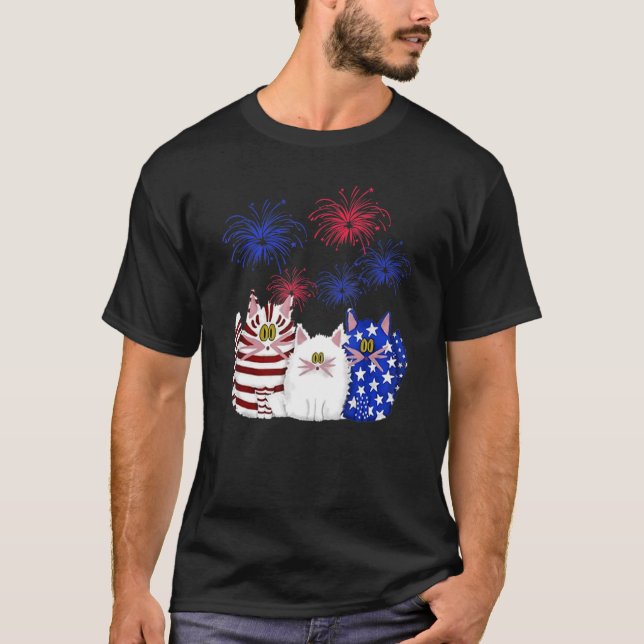3 Cats Kitten Firework American Flag T-Shirt (Front)
