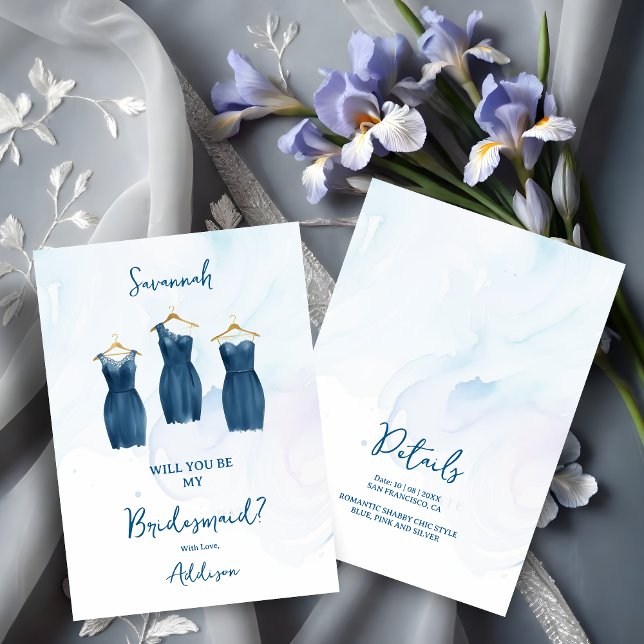 3 Chic Blue Bridesmaid Dresses Watercolor Proposal (Glam 3 Chic Blue Bridesmaid Dresses Watercolor Effect Proposal Card. )