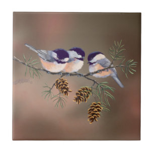 3 CHICKADEES & PINE CONES by SHARON SHARPE Tile