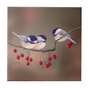 3 CHICKADEES & RED BERRIES by SHARON SHARPE Tile