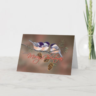 3 CHICKADEES TEXT & PINE CONES by SHARON SHARPE Holiday Card