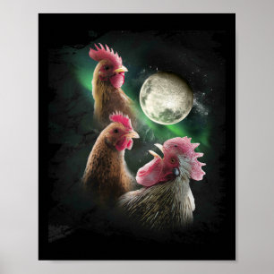 3 Chicken Moon Wolf Chickens Howling Wolves Poster