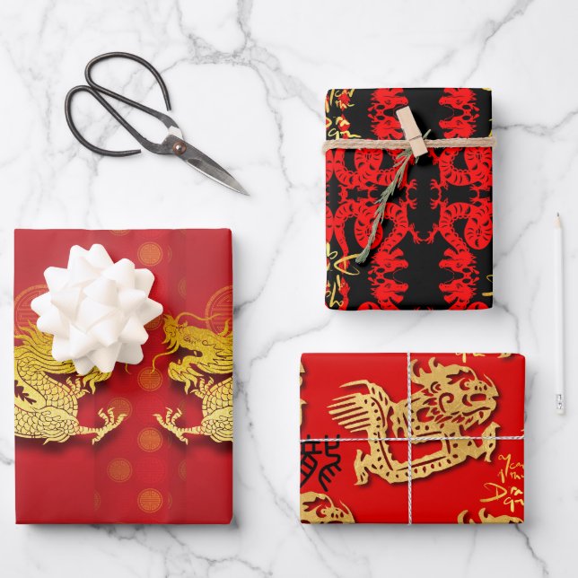 3 Chinese Dragon paper-cut Year WPFS Wrapping Paper Sheet (Front)