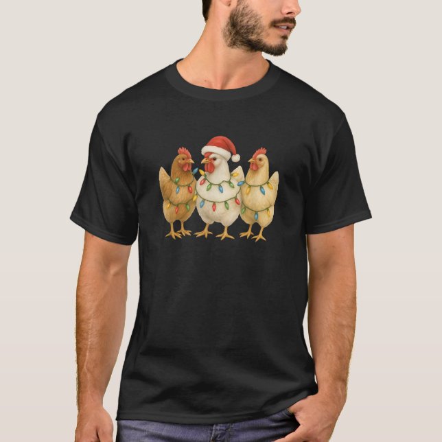 3 Christmas Chickens Christmas Lights and Santa ha T-Shirt (Front)