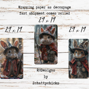 3 Christmas Country Mice Decoupage  Wrapping Paper Sheet
