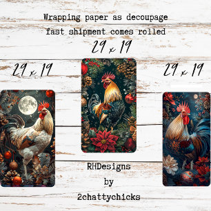 3 Christmas Roosters Decoupage  Wrapping Paper Sheet