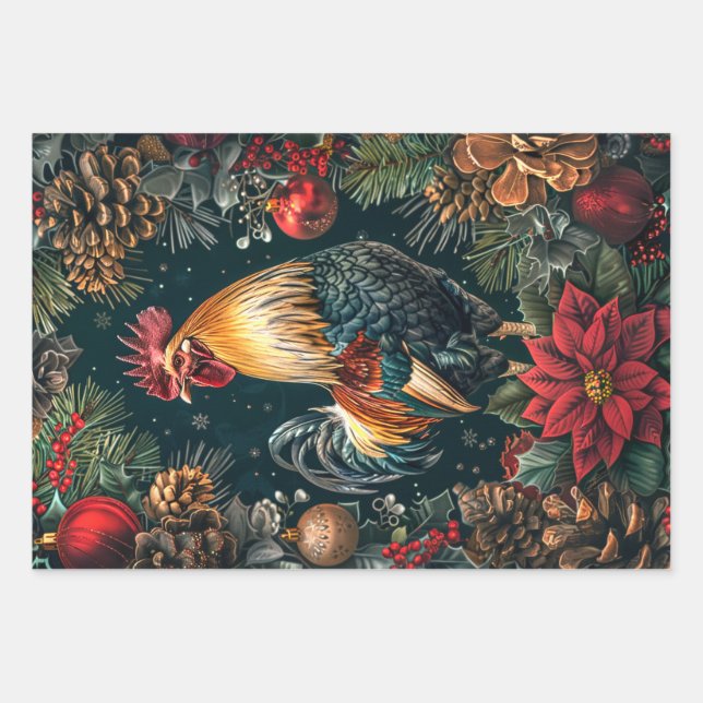 3 Christmas Roosters Decoupage  Wrapping Paper Sheet (Front 2)