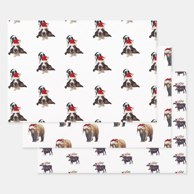 (3) Christmas wrapping  sheets of dog & wildlife (Set)