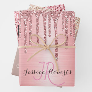 3 Colour Chic Monogram Girly Glitter Drips Wrapping Paper Sheet